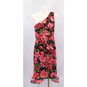 CDC Women's Sz 6 One-Shoulder Roses Black Blush Side Tie Ruffle Midi Dress Y2k